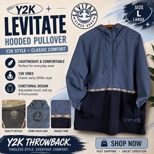 Levitate Y2K Hooded Pullover Windbreaker Blue Navy Half Zip Mens‎ Large Nylon